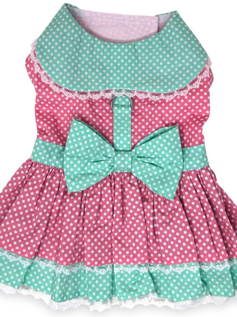 Doggie Design Polka Dot and Lace Dog Dress with Leash - Pink and Teal